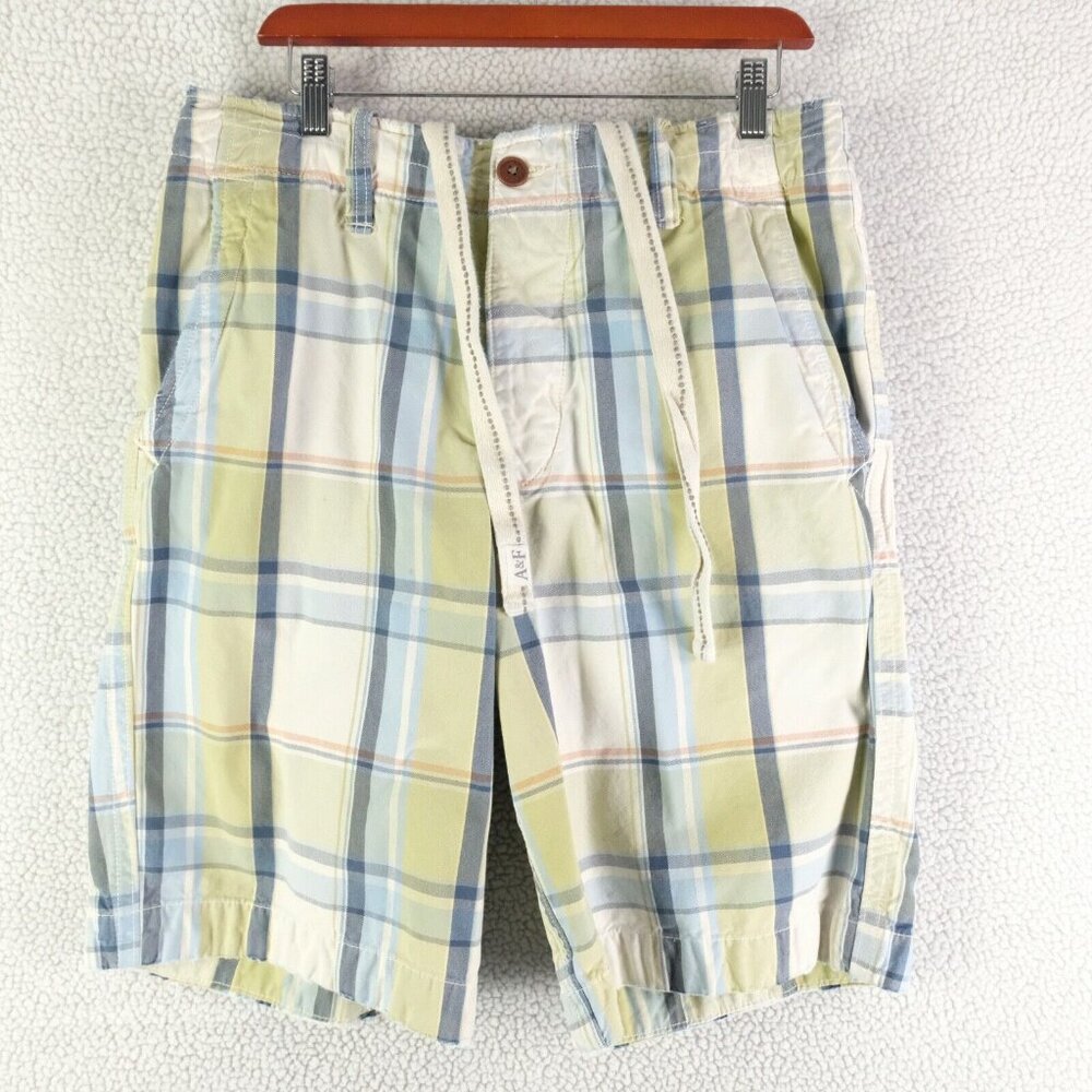 Abercrombie And Fitch Shorts Mens 32 Green Blue Plaid Drawstring Heavyweight